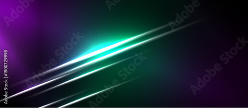 Abstract background features vibrant purple, green hues. Diagonal lines create dynamic light effect, modern aesthetic. Dark areas contrast bright streaks.