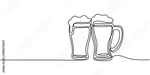Continuous line drawing two glasses of bear clinking. Beer spray. Vector illustration, Two glasses of beer one line continuous. Line art glasses of beer. Hand drawn vector art, Craft drink alcohol.