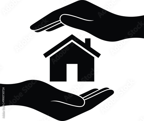 Real Estate Home Insurance and Protection Concept Featuring Cupped Hands Guarding a House Silhouette for Mortgage Safety, Family Security, and Housing Assistance Programs