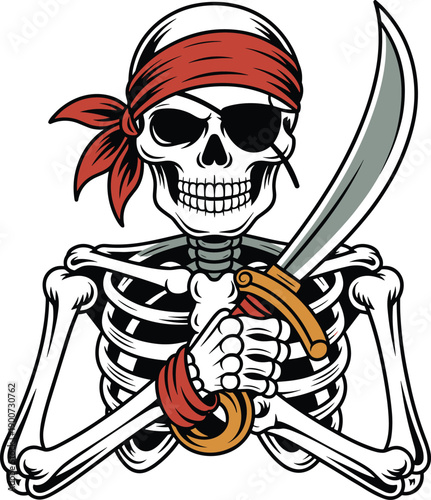 Skeleton Pirate Mascot with Eye Patch and Red Bandana: Fierce Undead Buccaneer Holding a Cutlass Sword Vector Illustration