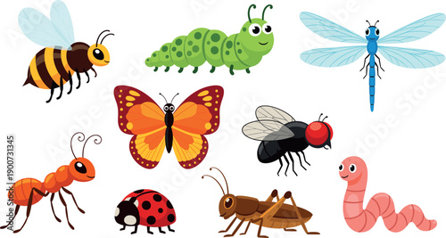 Set of cute cartoon insects including bee, butterfly, caterpillar, dragonfly, ladybug, ant, grasshopper and worm, flat vector illustration collection