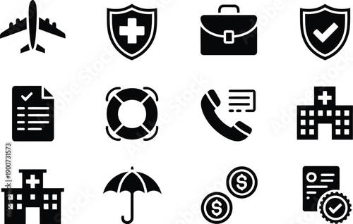 Collection of black silhouette icons representing insurance, travel, and financial services on white