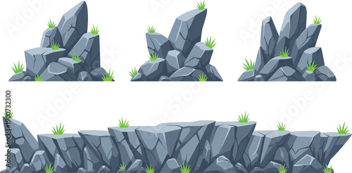 Rocky Cliff and Stone Terrain Platform Set for Game Environment Flat Vector Illustration