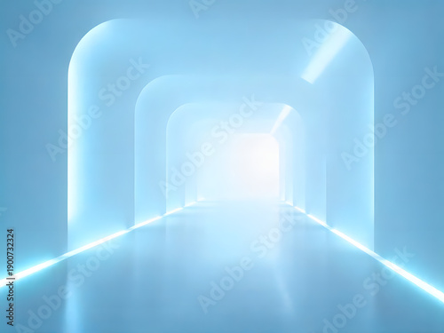 A futuristic, minimalist interior with a seamless, clean white background. Cool, blue-toned light reflections emanate from hidden sources. High-end tech product aesthetic.