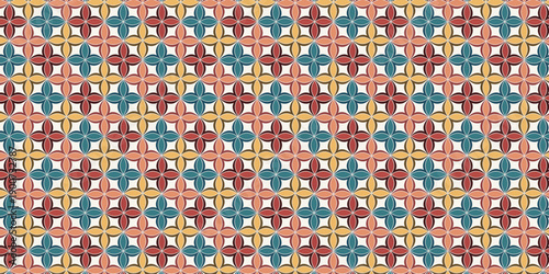 Seamless blue and white geometric pattern with abstract dots and striped shapes