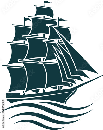 Vintage Tall Ship Sailing on Ocean Waves Vector Illustration for Nautical History, Maritime Adventure, Marine Logo Branding, and Traditional Naval Travel Graphic Designs