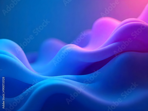 Abstract background with organic fluid forms in motion, energetic composition, vibrant gradients of blue and purple, bokeh effect, futuristic vibe, 3D render.