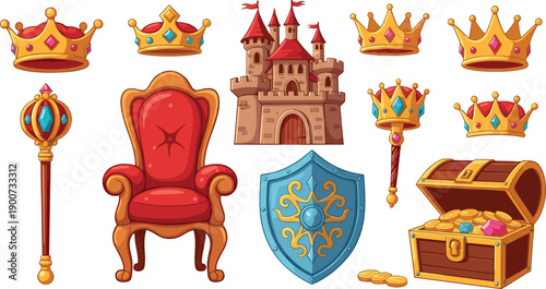 Royal medieval fantasy vector set with castle, crowns, throne, shield and treasure chest illustrations