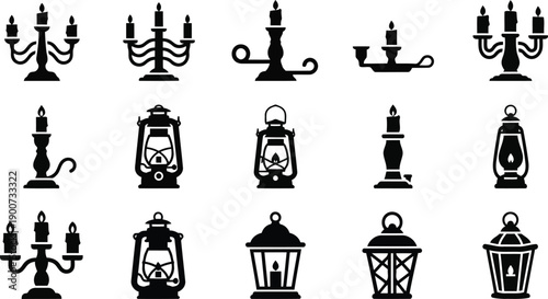 Various black silhouette candle holders and lanterns on white background