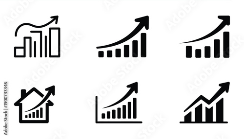 Set of growth chart icons, featuring rising bars, upward trend lines, and business analytics symbols for finance, profit, and market performance.