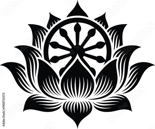 Sacred Lotus Flower Symbol with Dharmachakra Dharma Wheel in the Center Spiritual Zen and Buddhist Religious Emblem Vector Illustration Isolated on White Background