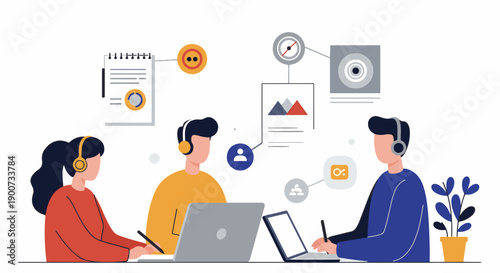 Illustration of a collaborative team working together on a project using technology and data.