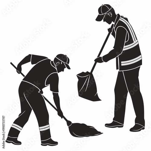 “Sanitation Workers Silhouette Illustration Collecting Debris”