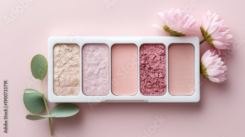 Wallpaper Mural This vibrant palette showcases an array of pink shimmer eye shadows and blushes resting on a soft pink background, accented by delicate flowers and greenery, capturing a fresh spring essence Torontodigital.ca