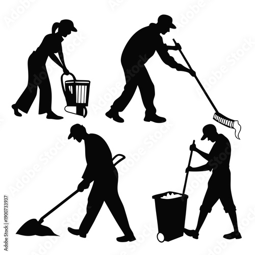 “Sanitation Workers Silhouettes with Cleaning Equipment”