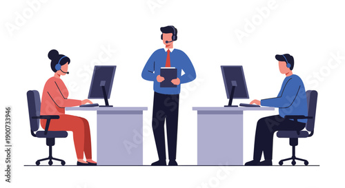 Illustration of a call center team with employees working on computers and a manager.