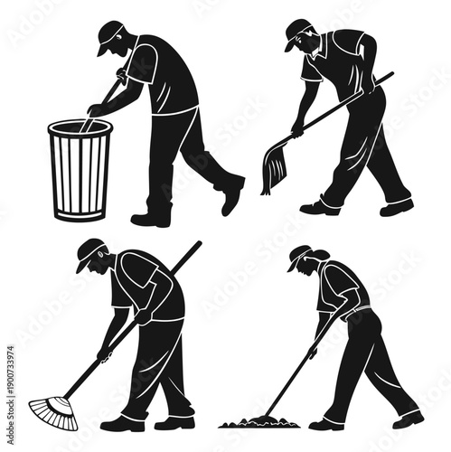 “Sanitation Workers Silhouettes Performing Cleaning Tasks”