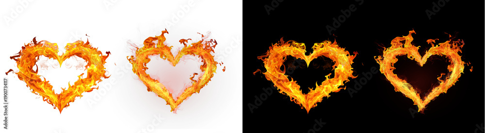 Fototapeta premium PNG image of two distinct, vibrant hearts intricately outlined by intense, glowing orange and yellow fire flames on transparent background