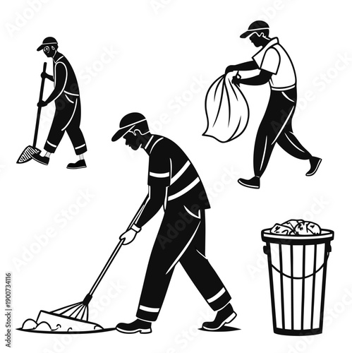 “Sanitation Workers Silhouettes with Cleaning Tools”