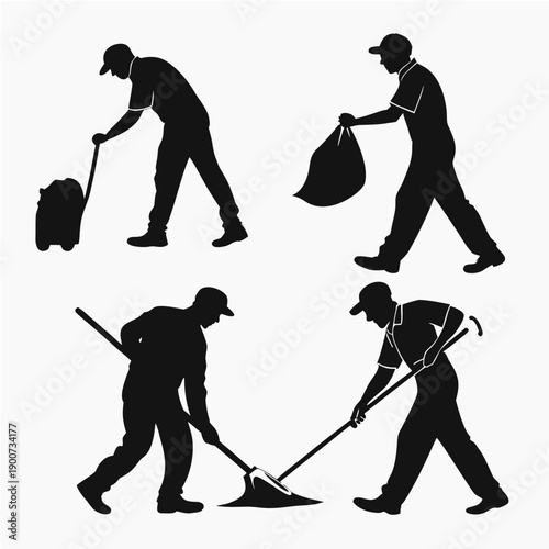 “Sanitation Workers Silhouettes Cleaning Tools Set”