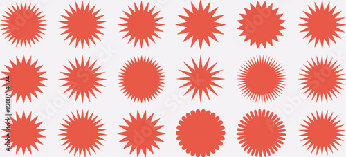 Red starburst sale stickers, featuring zigzag and scalloped edge shapes, sunburst silhouettes, and promotional price tags.