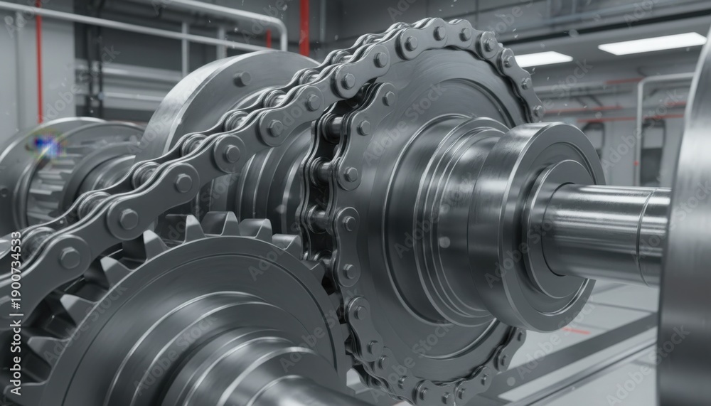 Fototapeta premium Close up view of complex metal gears and heavy duty chains rotating inside clean industrial machinery manufacturing plant