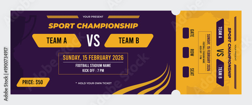Sport event ticket template. Football ticket design, sport competition event ticket template.