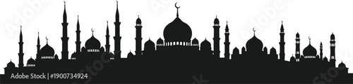 Grand mosque silhouette with domes and minarets on white background