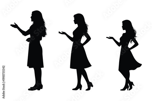 Fashion women gesture silhouette set, female posing and hand gestures, modern lifestyle concept, black vector isolated on transparent background.