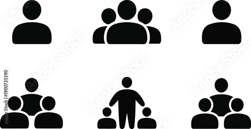 Simple black silhouette icons representing individuals and various group formations of people on a white background