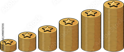 Six stacks of golden coins with stars on top increase in height demonstrating growth