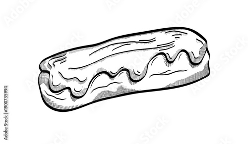 Eclair. Hand drawing traditional french dessert. Contemporary minimal art. Sketch illustration, vintage style. Best for package, menu design
