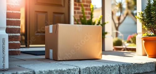 Delivery box on doorstep, sunlight reflecting,  warehouse,  delivery