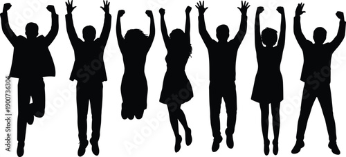 Happy people jumping celebration success teamwork joy energy silhouette group isolated white background flat vector illustration concept