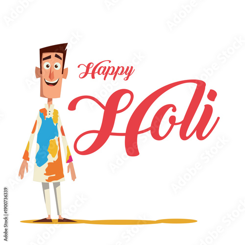 Happy Holi Cartoon Style Poster Vector, Stylized Character in Kurta with Color Splash, Vibrant 2D Motion Graphic Illustration for Animation, Web, and Festival Poster Design