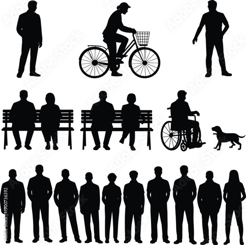 People silhouettes set walking sitting cycling wheelchair dog park daily life activities isolated white background flat vector illustration design collection