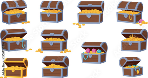 Set of cartoon treasure chests filled with gold coins and gems vector illustration