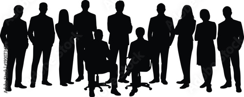 Business team silhouette group standing sitting corporate leadership professionalism concept, flat vector illustration isolated on white background studio design set