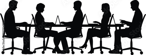 Office workers silhouette people working laptops teamwork business technology concept, flat vector illustration isolated on white background studio design set