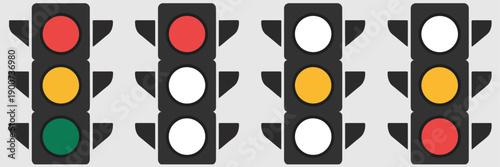 Traffic light vector icon set, featuring red, yellow, and green signals for road safety, navigation, and transportation designs.
