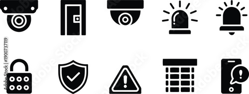Various black security related icons for protection systems including cameras doors and alerts