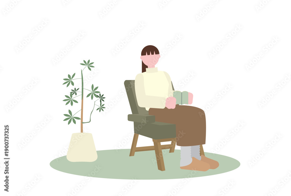 Φωτογραφία 植物のある部屋の一人がけソファで本を読む女性