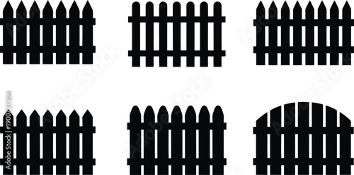Various styles of black picket fences are presented as clean silhouettes on a plain white backdrop