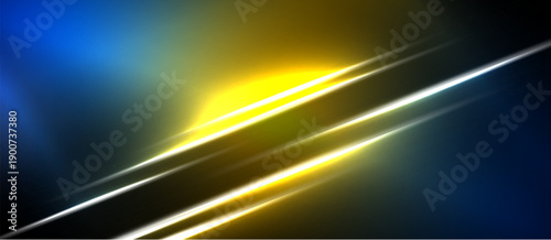 Abstract design features bright yellow, blue light streaks. Dark background creates dramatic contrast, modern aesthetic. Simple, bold composition.