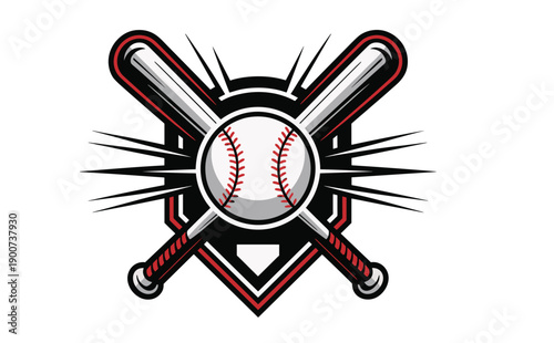 Professional Baseball Sports Logo Featuring Crossed Bats and a Detailed Ball on a Shield Background with Dynamic Speed Lines for Team Branding Vector Illustration
