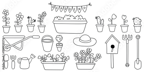 Hand-drawn doodle set of garden elements on a white background. Cactus, daisy, tulip, trolley, shovel, rake, watering can, bucket, hat, bird feeder.