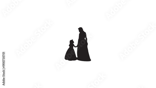 A touching black silhouette featuring a mother holding her young daughter's hand against a white background, symbolizing parental love and guidance.