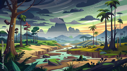 Very beautiful yet dramatic landscape of Amazon rainforest deforestation under a gray sky, highlighting environmental destruction, habitat loss, and urgent conservation needs.