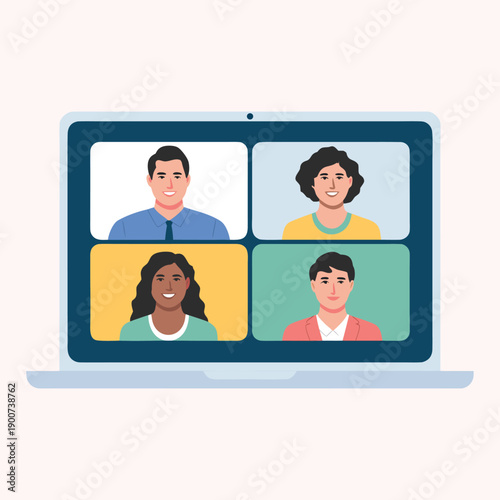 A laptop displays a video conference call with four diverse individuals participating showcasing modern remote communication high quality professional