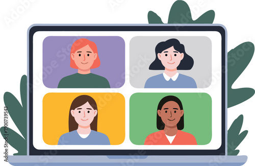 A colorful illustration depicts four diverse women participating in a video conference call on a laptop high quality professional